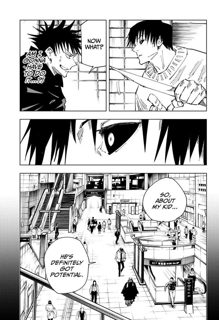 This was able to give Megumi an upper for some time. During that moment this was able to trigger something in Toji’s mind and starts to think about his talk with the head of the Zenin family.