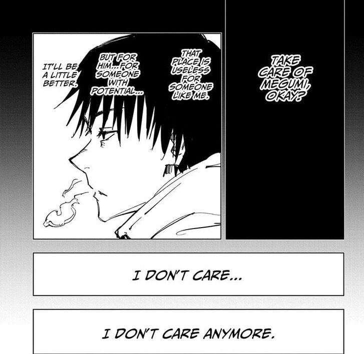 The money talk is not important,but at the end he repeats a phrase to himself. “I Don’t Care”.This phrase sums of Toji’s character as we when he’s introduced.But this is a lie in the Hidden Inventory arc and he keeps lying to himself that he does not love his son which isnt true