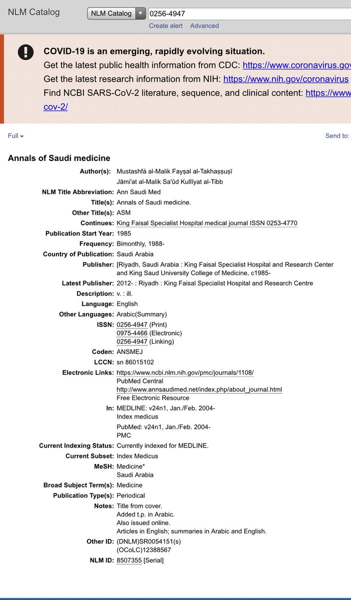 الحين نقطة التأكد من أنها معترف بها في Pubmed ندخل على الرابط التالي  https://www.ncbi.nlm.nih.gov/nlmcatalog/&nbsp;أو من قوقل نبحث عن pubmed nlmونبحث عن المجله اللي نبيها هناك ممكن نستخدم الاسم تبعها أو الرابط أو اسهل حل ISSN دائما استخدمه 
