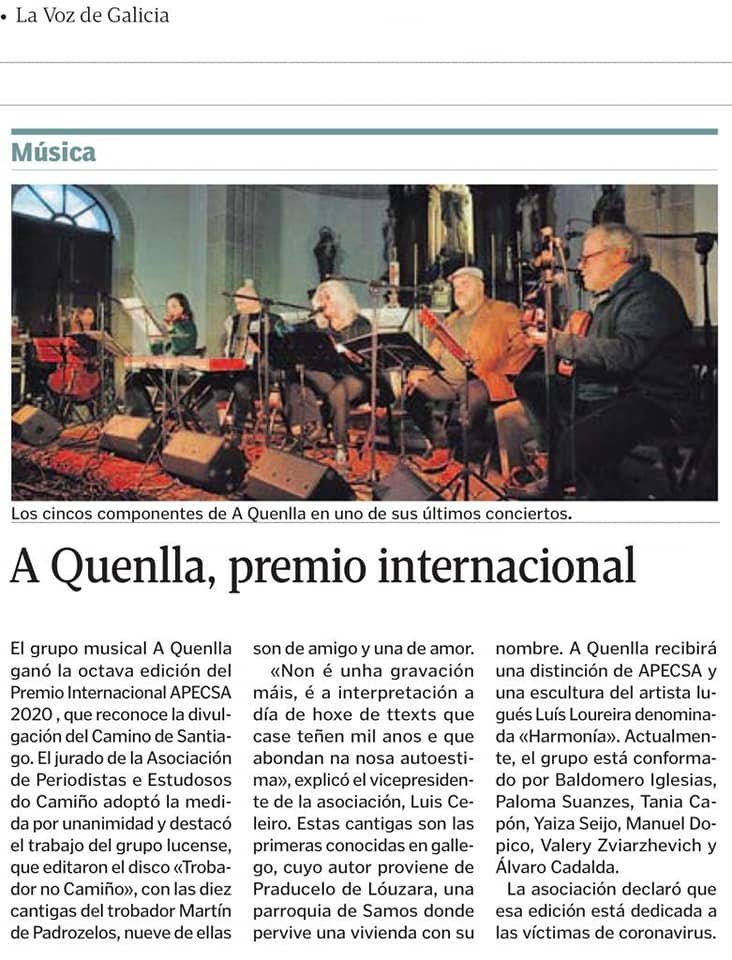 #AQuenlla, con #BaldomeroIglesiasMero, da 
<a href="/IrmandadeManuel/">Irmandade Manuel María</a> e <a href="/ACXermolos/">Xermolos</a> á cabeza, Premio Internacional de <a href="/APECSA2/">Asociación de Periodistas e Estudosos do Camiño</a> por #TrobadorNoCamiño #MartínDePadrozelos. Parabéns! <a href="/LoisCeleiro/">Luís Celeiro Álvarez</a> <a href="/Xunta/">Xunta de Galicia</a> <a href="/CulturaXunta/">Cultura de Galicia</a> #Xacobeo2021 <a href="/valentin_garci/">Valentín García Góme</a>  #ACulturaéSegura #ACulturaSegue #OTeuXacobeo