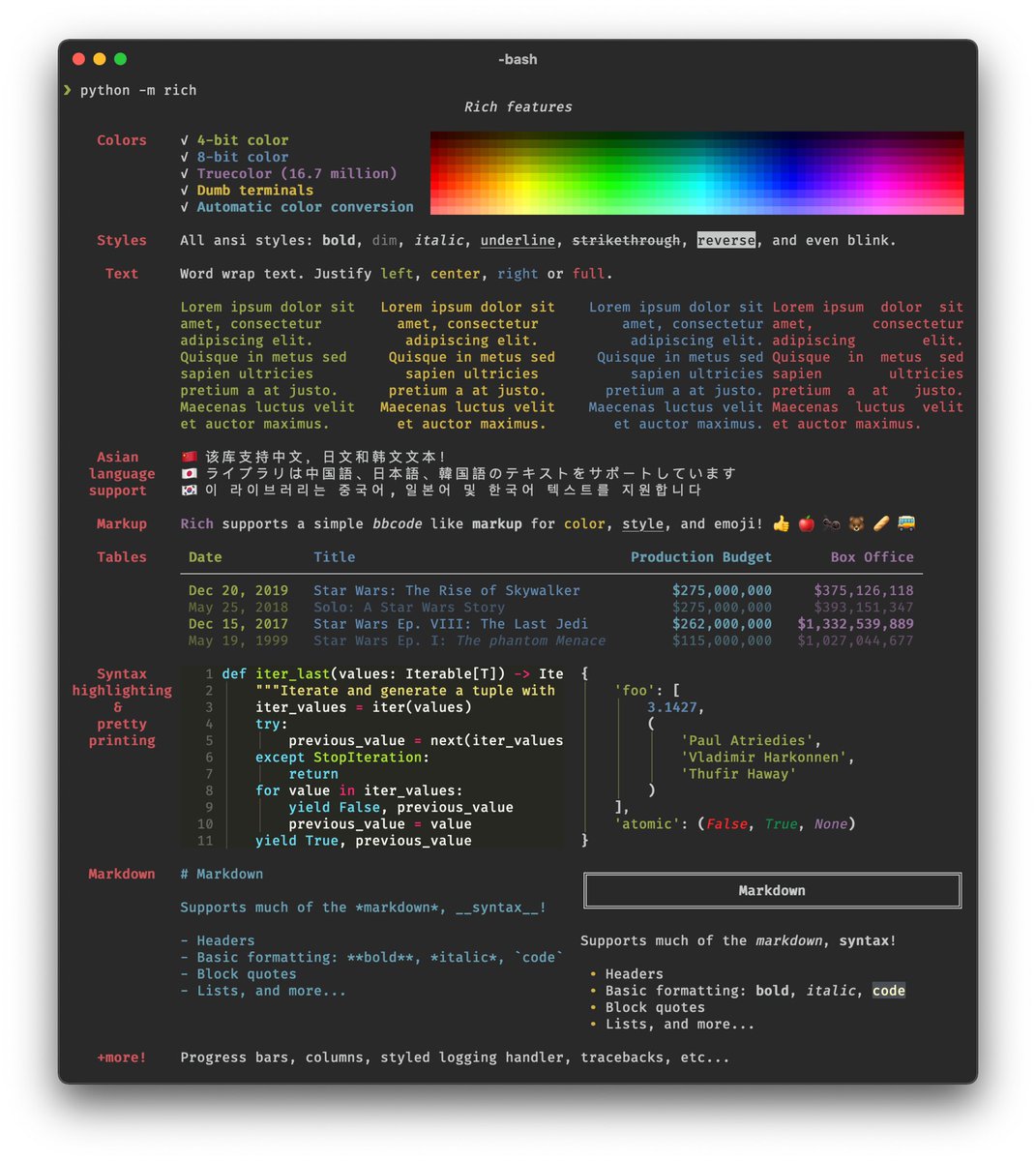 bdqAI's tweet image. Just discovered Rich: a #Python library for beautiful text formatting in the terminal. 🎨 bit.ly/39wKhT5 #DataScience #NLP #MachineLearning #womenintech #ioT #WomenWhoCode #commandLine