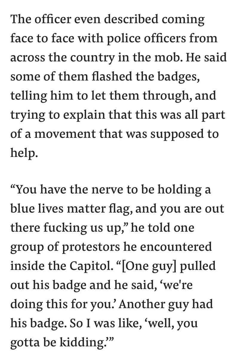 Black Capitol Hill cops told Buzzfeed that off duty cops rioting in the white mob flashed badges at them. Other rioters brandished thin blue line flags, and the irony was not lost on Hill cops.  https://www.buzzfeednews.com/article/emmanuelfelton/black-capitol-police-racism-mob