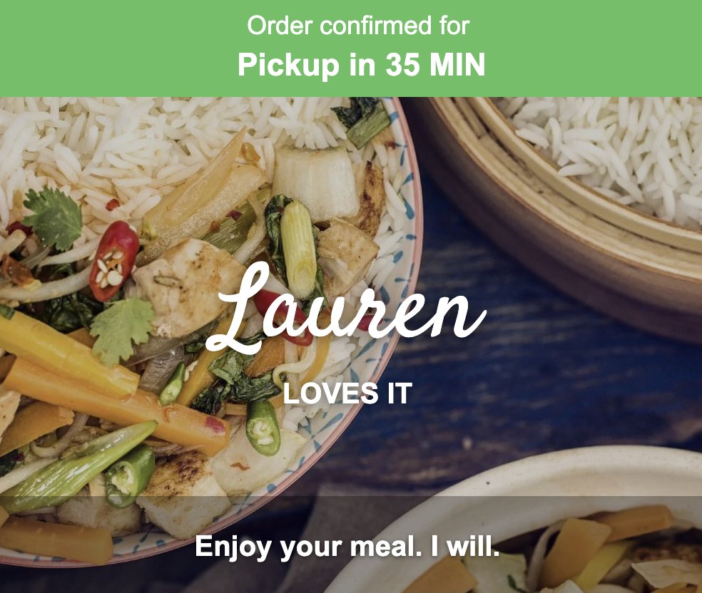 cFIREsim's tweet photo. Kids are doing a sleepover at a podmate's house, so it's date night! I'm really confused by this order confirmation. "Enjoy your meal. I will." ???? Are you going to enjoy MY meal? 🤣🙃 https://t.co/A1aIPnh5C1