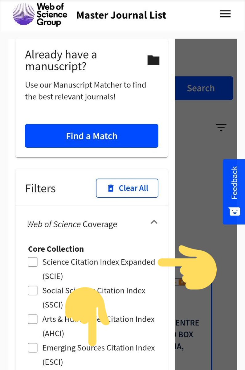 ونبحث بنفس الطريقه المهم انه نحصل المجله طيب ويب اوف ساينس فيه أكثر من تصنيف اهم اثنين بالنسبة لنا Science Citation Index Expanded (SCIE)و Emerging Sources Citation Index (ESCI)بالنسبة ل مجلتنا حصلنا نفس الاسم ومكتوب جنبها اينديكس في SCIE