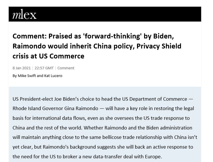 kat_lucero's tweet photo. Analysis on @GinaRaimondo, Biden @Transition46 's pick to lead Commerce Dept, which oversees #privacyshield, #traderemedy #tradeenforcement (#antidumpingduty #countervailingduty) #exportcontrols #Section232tariffs by @Swiftstories + me
https://t.co/uSEketro0f https://t.co/jJ1hkOTw9z