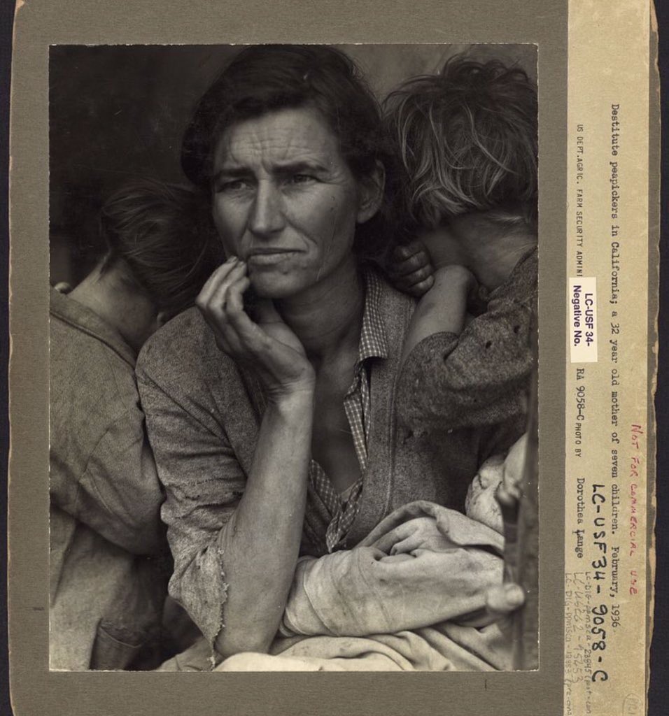 Migrant Mother, Nipomo, California in March 1936 by Dorothea Lange. The photo was taken at a pea pickers’ camp and Lange took six photos of this woman who she described as ‘a hungry and desperate mother’. It became one of her most well known photos.