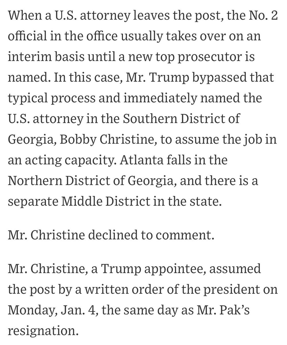 That’s not all, either. The US Attorney for the Southern District of Georgia, Bobby Christine, also has some questions to answer. Despite the fact that the office didn’t say who was running things until the 5th, the WSJ says Trump issued an order putting him in charge on the 4th.