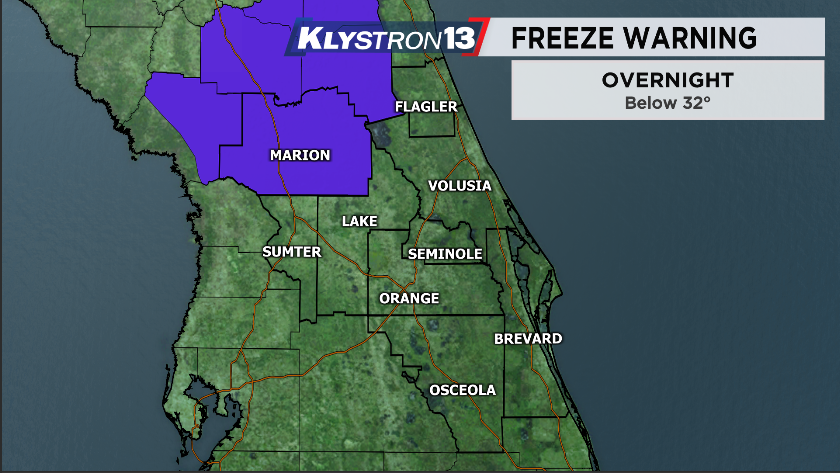 DHeckardWFTV's tweet photo. Get ready for a downright cold night tonight!
A Frost Advisory is posted for areas N & W of #Orlando, and a Freeze Warning is up for Marion Co.
Sunday morning lows will tumble into the mid and upper 30s.
@MyNews13Weather #flwx #FLcold https://t.co/wma7FKpFpZ