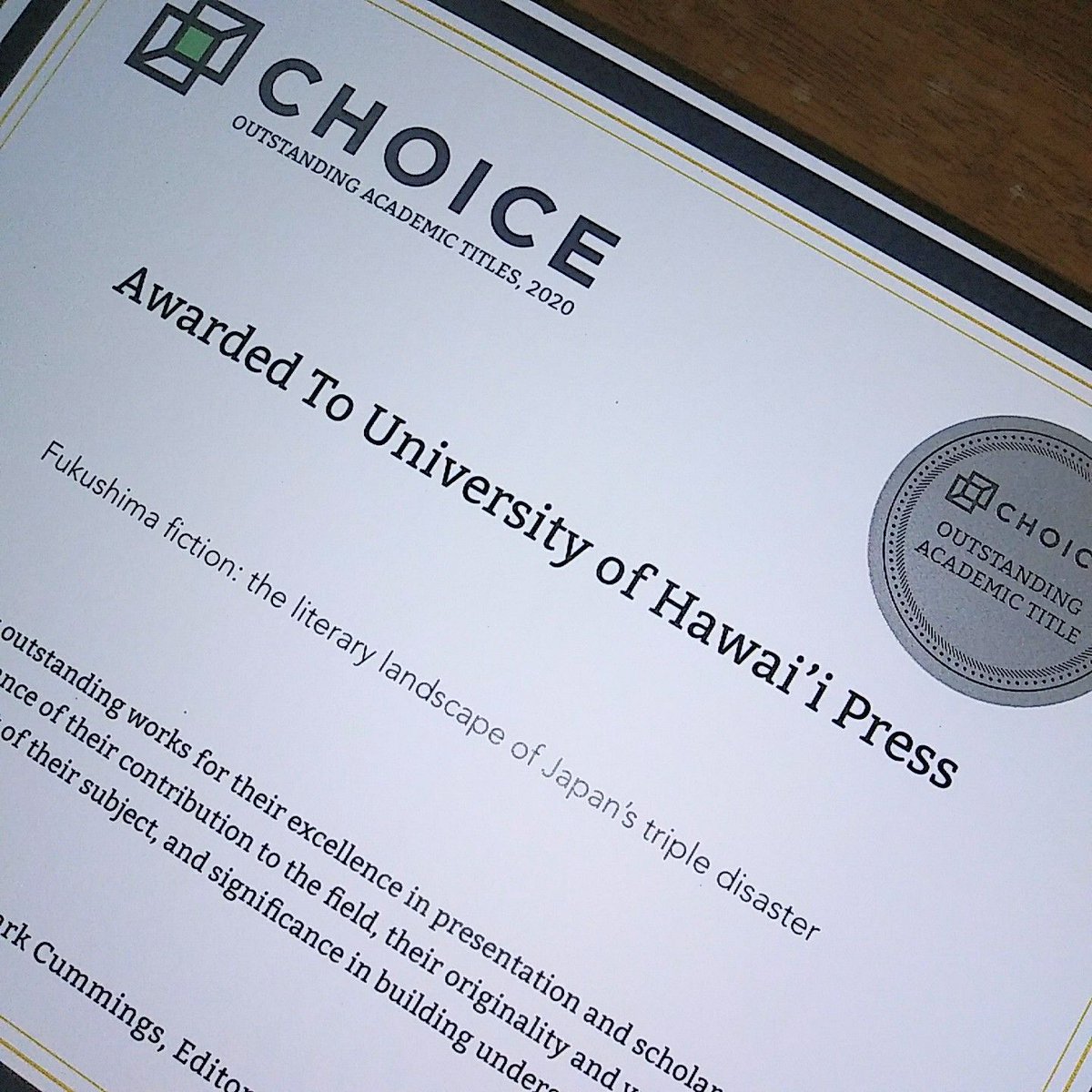 UHPRESSNEWS's tweet image. Pleased that FUKUSHIMA FICTION by @uoregon EALL prof Rachel DiNitto is a 2020 @Choice_Reviews Outstanding Academic Title!  #Choice2020OAT #mla21 More on the book: bit.ly/35t71lo