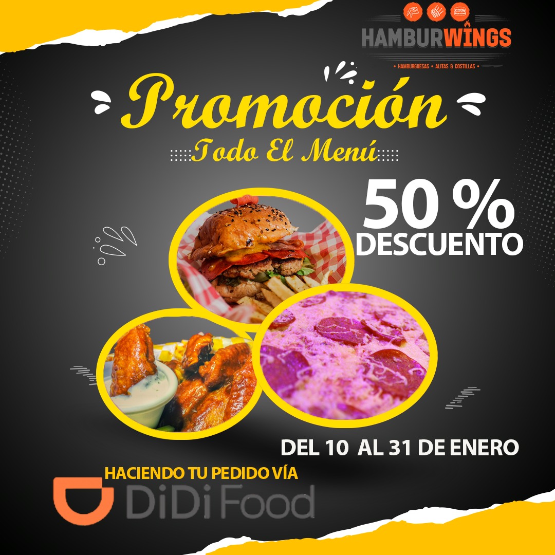 hamburwings_qro's tweet photo. A partir de este 10 de Enero y hasta el 31, todo el menú al 50% a través de @DidifoodMX

🕚 11 am a 8pm

#ConsumeLocal #Querétaro #Alitas #Hamburguesas #Pizzas #Costillas #UsaCubrebocas https://t.co/OhO4cOWTFB