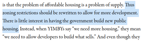 You're welcome to attack YIMBYs for not being supportive enough of public housing. But even if you want more public housing, you'll need to re-write zoning regulations!