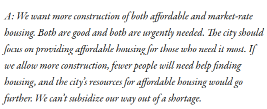 There's some word games going on here. On the left is what a YIMBY group said. On the right is something the author said about them. Here's the problem: market-rate housing just means housing that isn't rent controlled. Obviously, not all non-rent controlled housing is luxury!