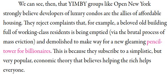 There's some word games going on here. On the left is what a YIMBY group said. On the right is something the author said about them. Here's the problem: market-rate housing just means housing that isn't rent controlled. Obviously, not all non-rent controlled housing is luxury!