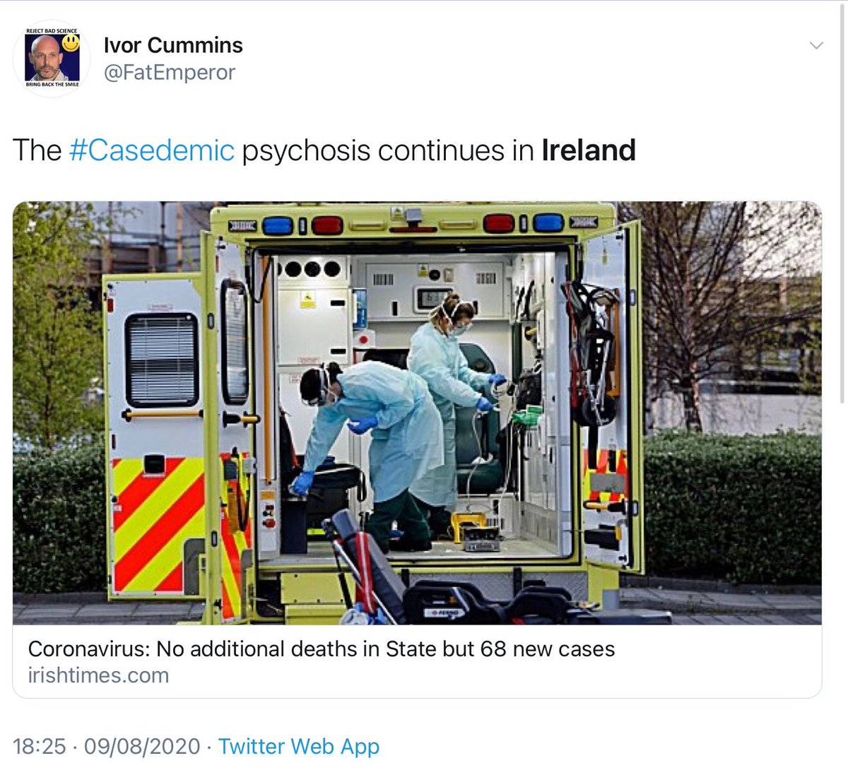 This is Ivor Cummins. He became known this year for his videos assuring people that no second wave was coming because everyone was immune to Covid already.He says he's a sceptic, and that you shouldn't trust the official sources. You should trust him. https://twitter.com/s8mb/status/1316734405470310401