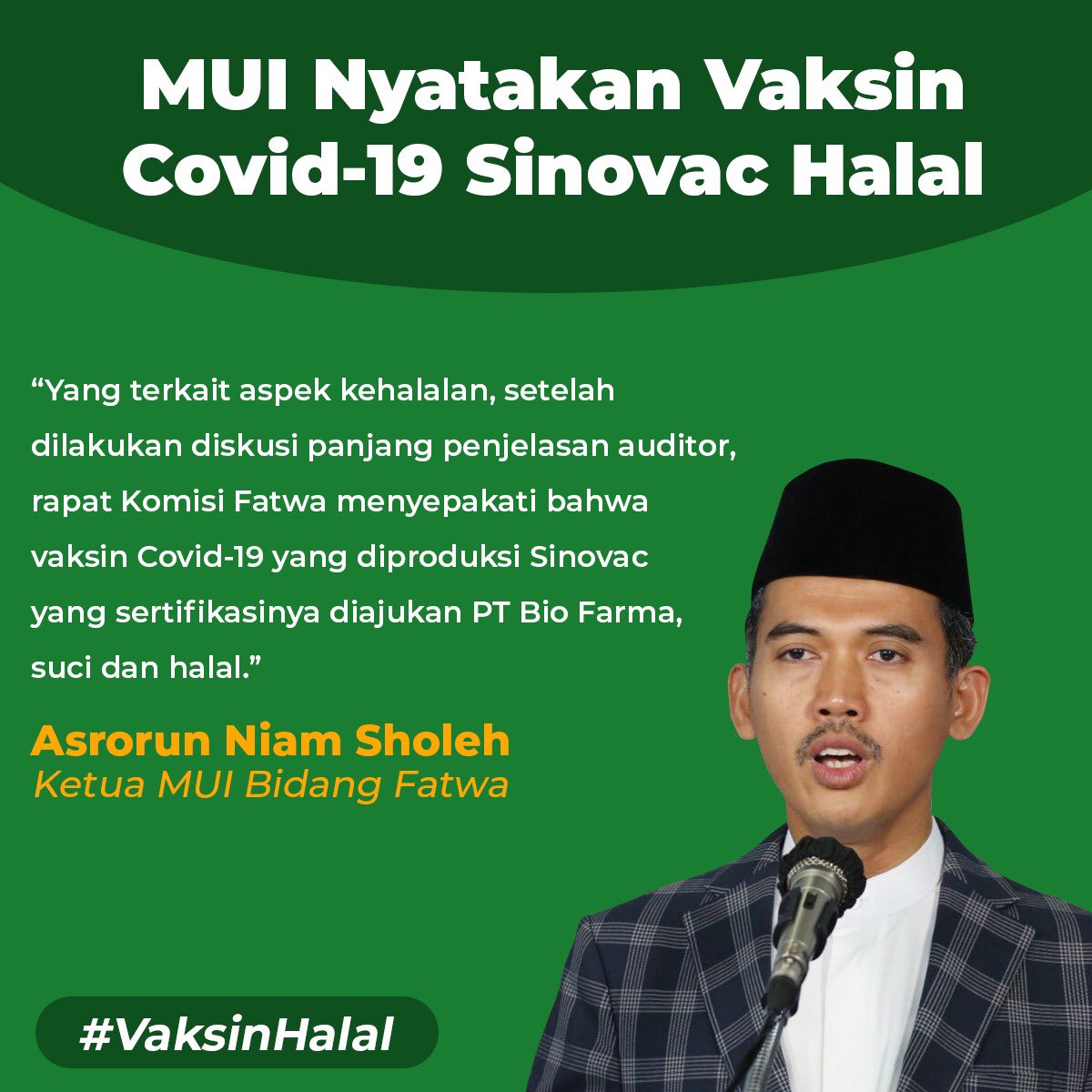 Vaksin sinovac sudah teruji dan dinyatakan Suci dan Hallal oleh MUI, masihkan mau membuat narasi lain untuk cari persoalan menentang upaya negara menyelamatkan nyawa dan kesehatan warganya?