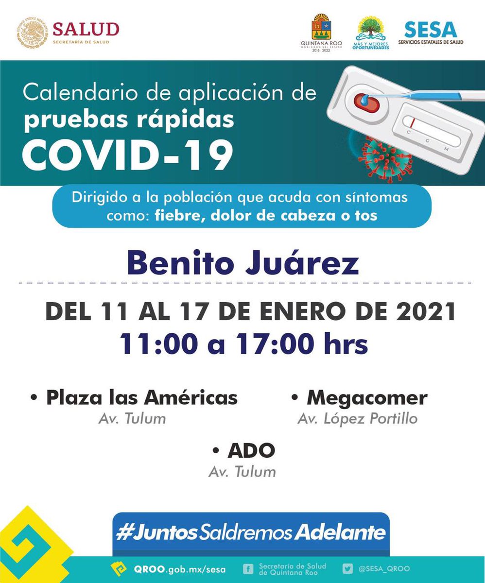 CarlosJoaquin's tweet photo. Quintanarroenses el próximo lunes 11 de enero tendremos la 3.ª etapa de aplicación de pruebas rápidas #COVID_19 en #BenitoJuárez y #OthónPBlanco. #PonteVIVO con los hábitos para salvar vidas. @SESA_QROO https://t.co/2r6li383A9