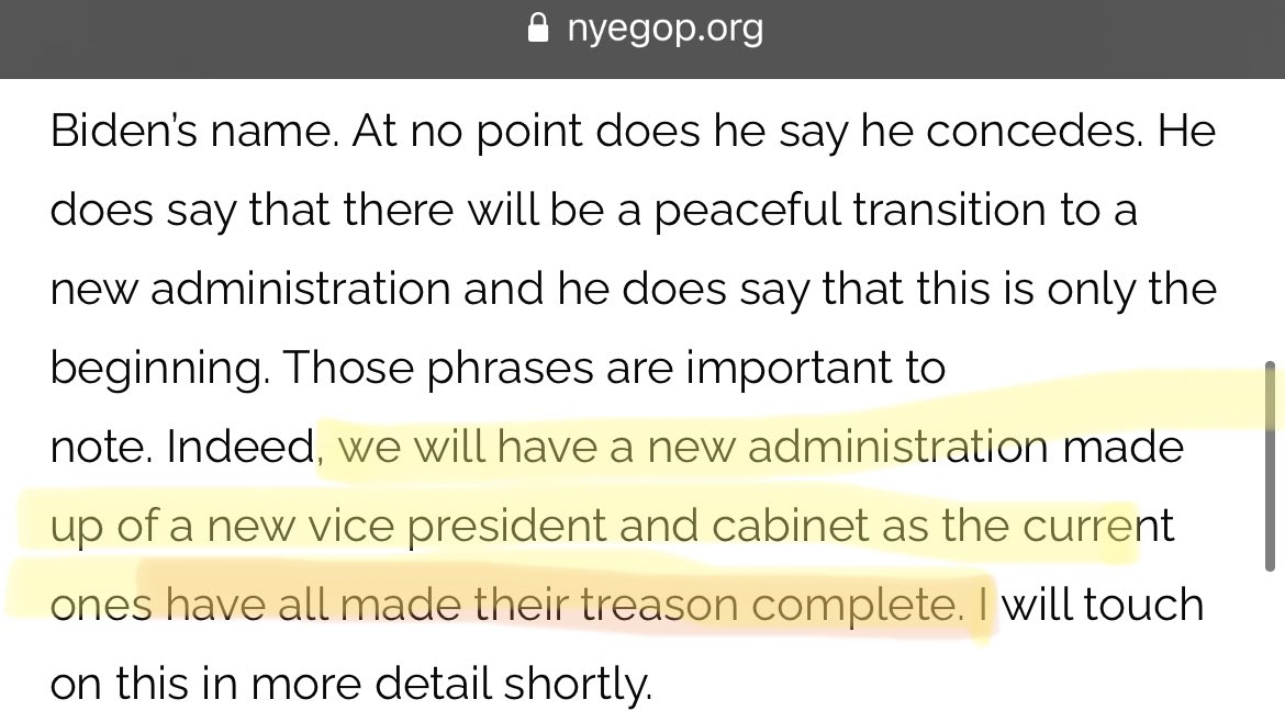 Nye GOP Chair: "(Trump) does say that there will be a peaceful transition to a new admin & he does say this is only the beginning.""Indeed, we will have a new admin made up of a new VICE PRESIDENT and CABINET as the current ones have all made their TREASON complete." 3/ 