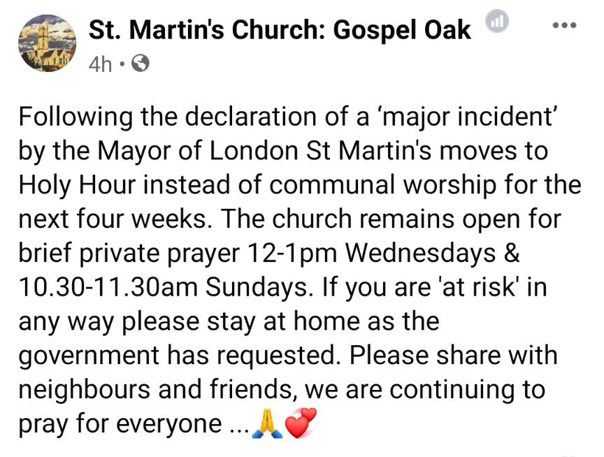 <a href="/StMartinsNW5/">St Martin's Gospel Oak</a> moves to Holy Hour instead of communal worship for the next four weeks. 
The church remains open for brief private prayer 12-1pm Wednesdays &amp; 10.30-11.30am Sundays. ⛪❤️
@MotherCarolNW5
