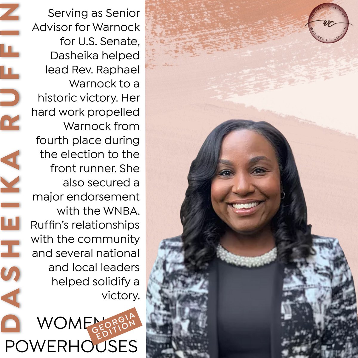 WJSClanton's tweet photo. This Black Woman Powerhouse made it happen for Georgia. Dasheika Ruffin’s perseverance helped Warnock secure a victory in the Georgia Senate runoff. Black women are working hard for democracy! Thank you @DasheikaRuffin
#politicallysassy
#blackwomanpowerhouse https://t.co/1smLEkplv9