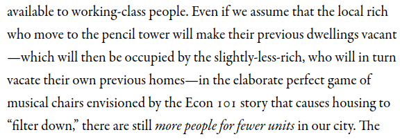 This part is right, within the model he proposed. But the thing is, overall, there will be more housing available to people, because 30 new spots are opened wherever people moved from. You shouldn't just care about a single city!And if you're worried about speculation, do a LVT.