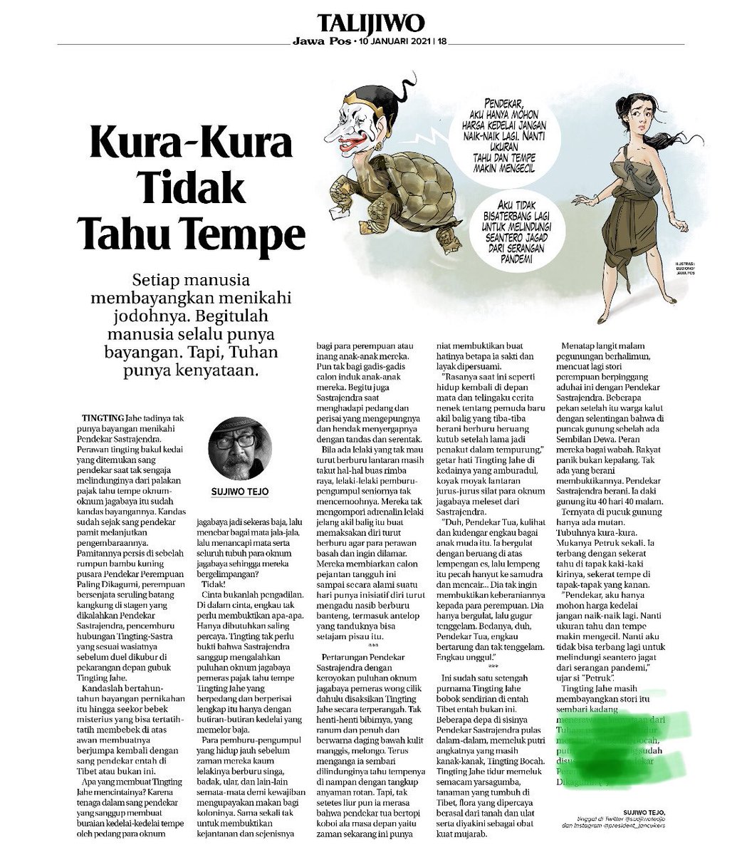 “Kura-Kura Tidak Tahu Tempe”. Rubrik cerita silat mingguanku #TaliJiwo di Jawa Pos hari ini. Sugeng maos... salam juaaaaaancuk sak dokare ...!!! Heuheuheu...