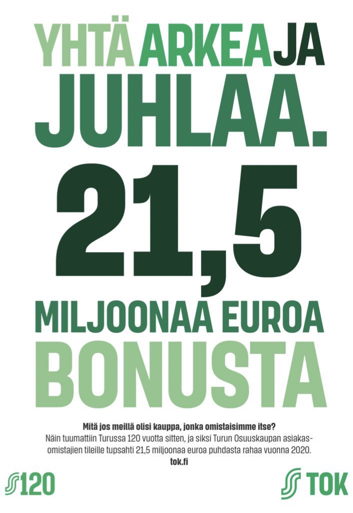 AnttiHeikkinen's tweet photo. Mitä jos meillä olisi kauppa, jonka omistaisimme itse?

Näin tuumattiin Turussa 120 vuotta sitten, ja siksi Turun Osuuskaupan asiakasomistajien tileille tupsahti 21,5 miljoonaa euroa puhdasta rahaa vuonna 2020. https://t.co/WDOU6Sn4gQ