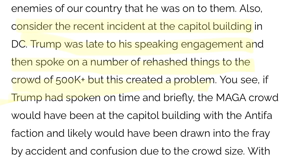 This bit from the NYE GOP chair about how Trump is a master chess player is amazing (No, MAGA insurrectionists weren't ANTIFA):"Trump was late to his speaking engagement and then spoke on a number of rehashed things to the crowd of 500K+ but this created a problem. ..." 5/ 