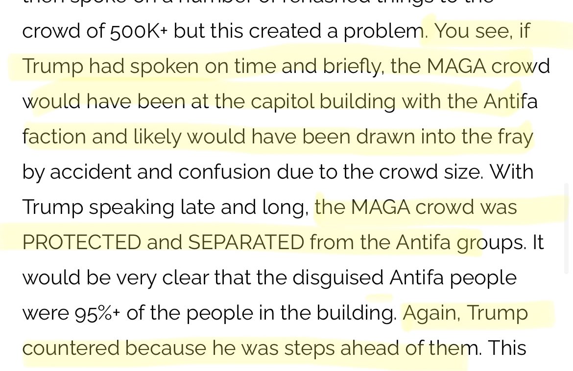 "You see, if Trump had spoken on time & briefly, MAGA would've been at the Capitol building w/the Antifa faction...With Trump speaking late & long, the MAGA crowd was PROTECTED & SEPARATED from the Antifa groups." Dear Leader=AMAZING! (FACT: There was no "Antifa faction") 6/ 