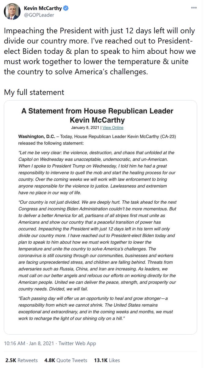 30/ Political discourse has already reached a toxic level of gaslighting. @GOPLeader says impeachment would "divide" the country, but yet supported many of Trump's authoritarian-inspired efforts to undermine & overturn the election. https://twitter.com/ThePlumLineGS/status/1347666836310138887 https://twitter.com/jonfavs/status/1347974092008214530