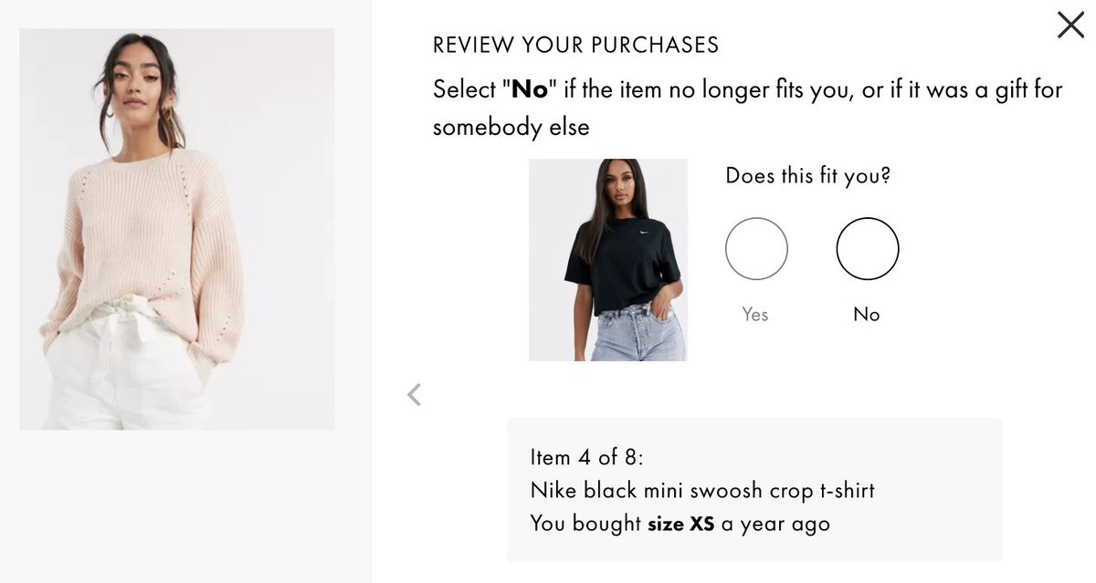amyyang0110's tweet photo. @_Dave_Chan asos has a similar fit assistant! i like how they incorporate feedback from your past purchases in their recommendations https://t.co/A3AieWuOLR