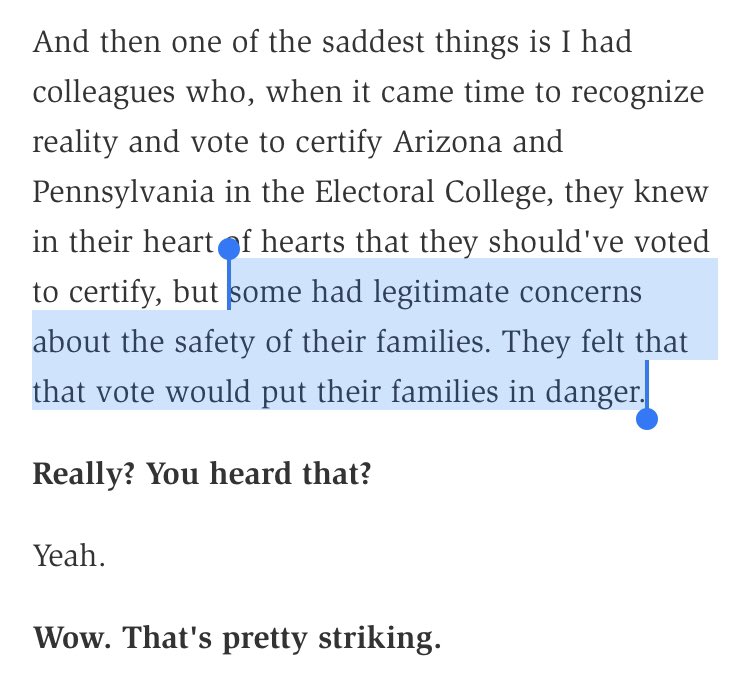 Rep. Peter Meijer (R-Mich.)—the Republican who won the seat previously held by Justin Amash—tells Reason some House Republicans who voted to reject the election results knew they were lying about the election but worried about the safety of their families.  https://reason.com/2021/01/08/amash-successor-peter-meijer-trumps-deceptions-are-rankly-unfit/?amp&__twitter_impression=true