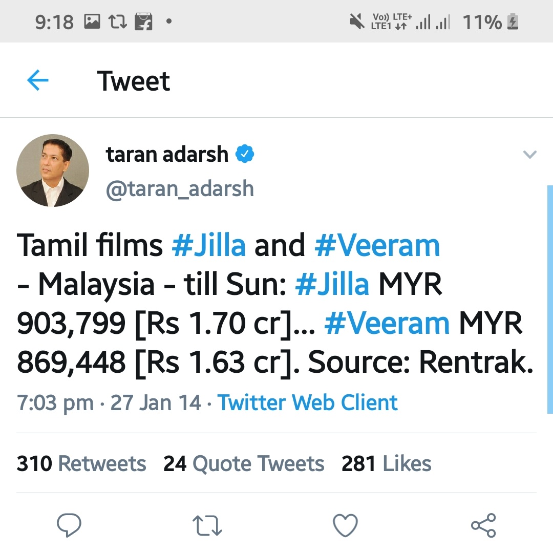 Jilla Conquered Overseas also💥💥

This is Rentrak Report😎
Not Ramesh Bala's Report 😂

#7YrsOfPongalWinnerJilla #Master