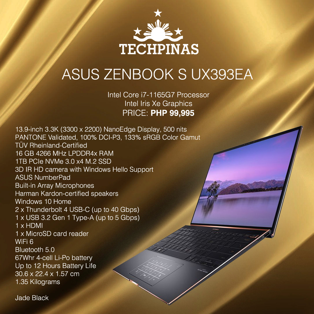 TechPinas's tweet photo. Ultra-Premium and Ultra-Slim, ASUS ZenBook S UX393EA features a 3.3K NanoEdge Touchscreen Display with 3:2 Aspect Ratio that greatly enhances your viewing experience. Here this high-end laptop's set of specs and official price in the Philippines. #ASUS #ASUSZenBookS @ASUSph https://t.co/FQmOr6St9U