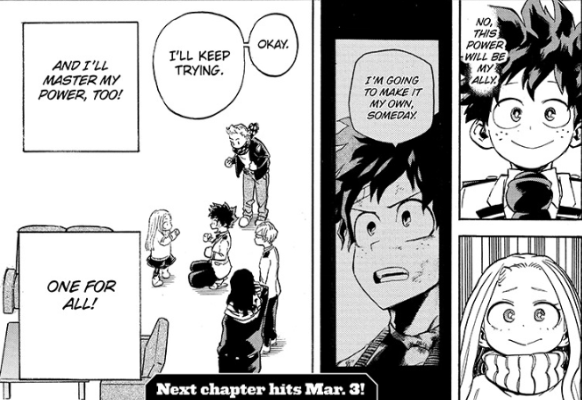 Mirio was introduced to hammer home that Deku didn't feel worthy of One For All. He has stated numerous times he feels blessed instead of feeling like he has earned this power, and even tried giving it up to Mirio. You can see him begin to work to accept this in JT and beyond.