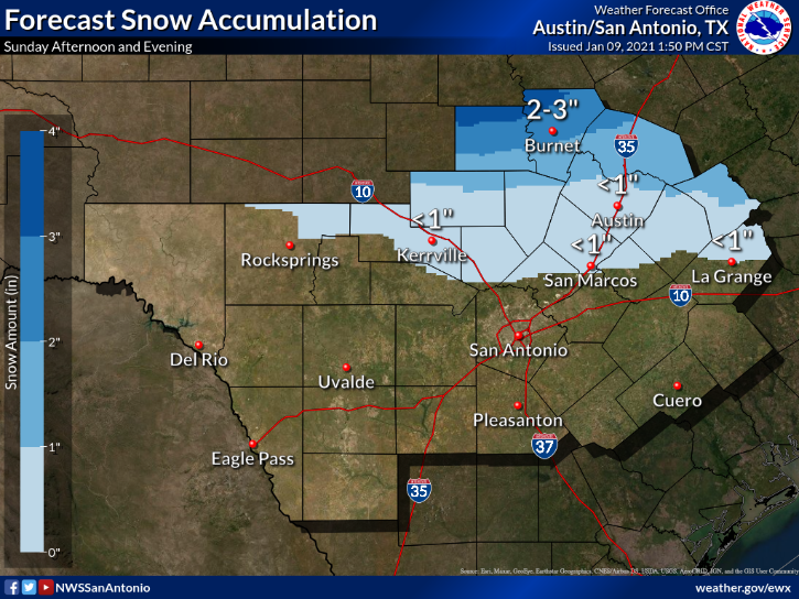 ⚠️ A Winter Weather Advisory is in effect for the Austin-Travis County metro area for Sunday 01/10⚠️ 

Possible 1 inch of snow with isolated higher amounts expected. Be careful when traveling on roads, especially on bridges and overpasses as they may have ice on them. #atxwx