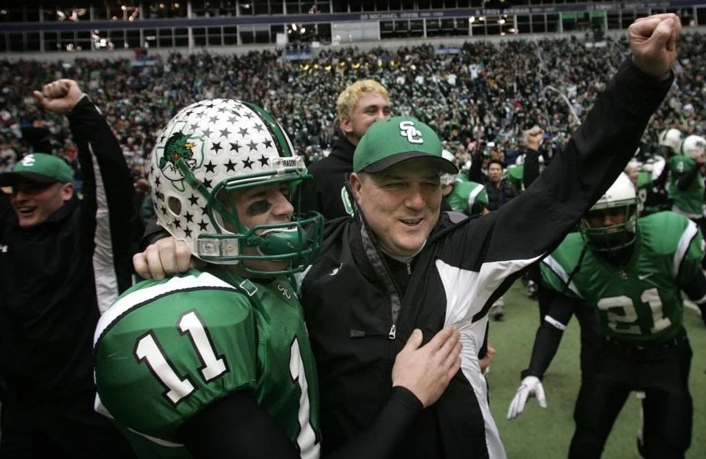 On Dec. 16, 2005, Southlake Carroll head coach Todd Dodge celebrated a state championship win his son, Riley, the team’s starting QB. 

Next Saturday, Jan. 16, 2021, Riley will coach against his Dad, now the head coach of Austin Westlake, in the state title.

Wow. #txhsfb