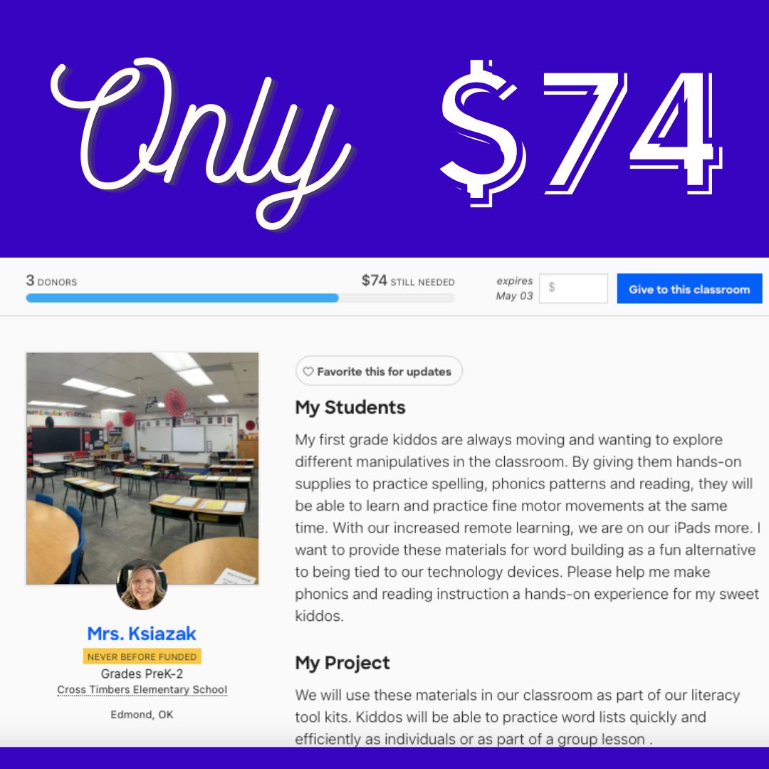 EdmondPSF's tweet photo. Mrs. Ksiazak at @EdmondSchools  Cross Timbers Elementary only needs $74 needed to help her first graders with reading and fine motor movements!  

Support her project by donating on her DonorsChoose page found at https://t.co/0Jmbx1CYPY

#ONEEDMOND #EPSLEADS https://t.co/ZdsYM6yUJT