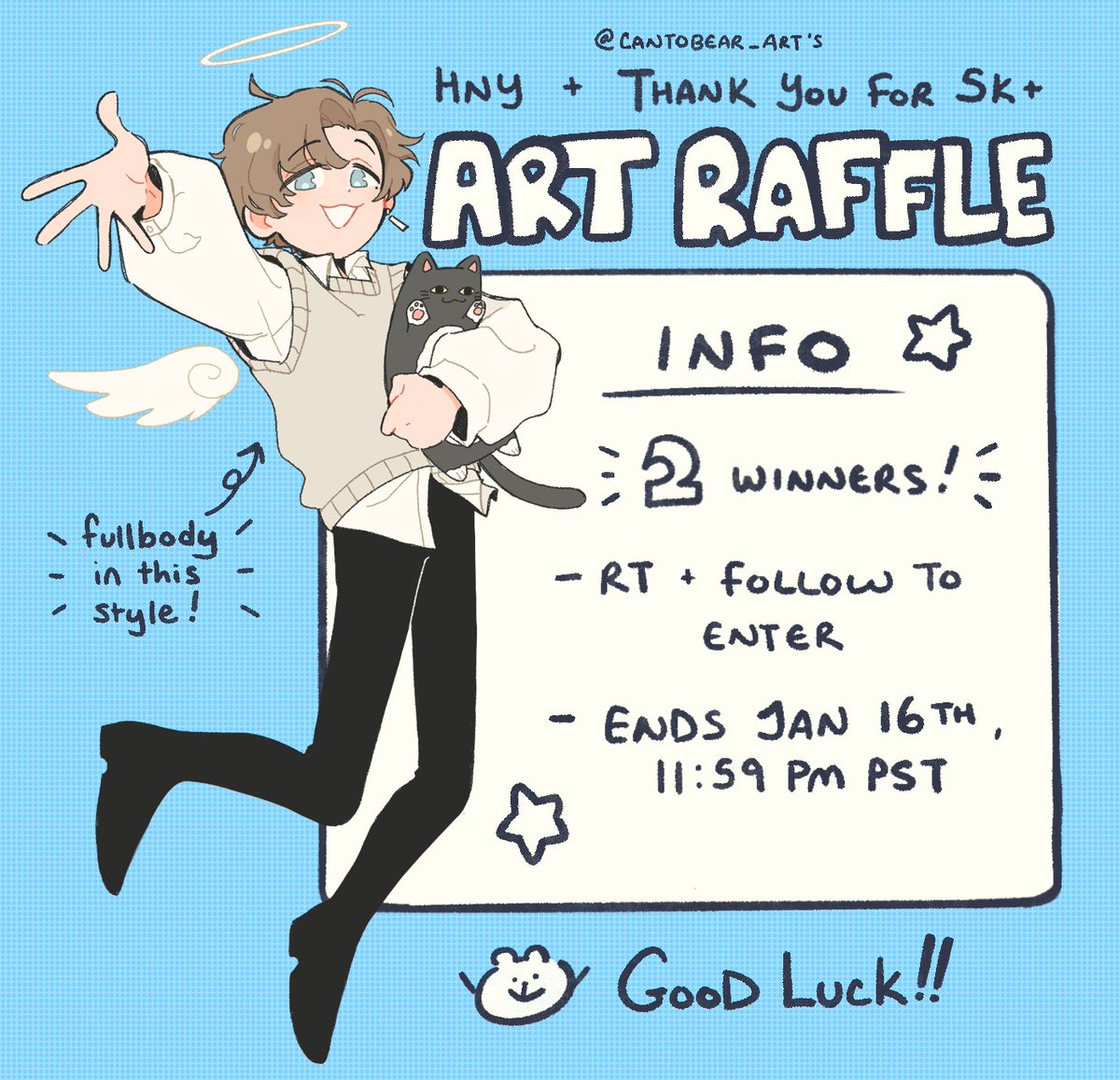 ✨ART RAFFLE✨
this is a bit late, but thank you guys so much for 5k+!! i wanted to give back with a quick raffle 😊

- RT + follow to enter
- 2 winners will be chosen after jan 16th, 11:59pm pst

good luck to everyone! 🎉 