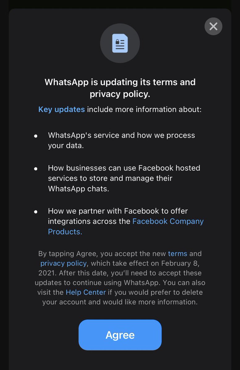 2/8 WhatsApp claims to have privacy coded into its DNA, yet is giving its >2bn users an ultimatum: agree to share their personal data with Facebook or delete their accounts. There is NO legitimate reason for this—it’s purely commercial profit-maximising.  #WhatsAppPrivacyPolicy