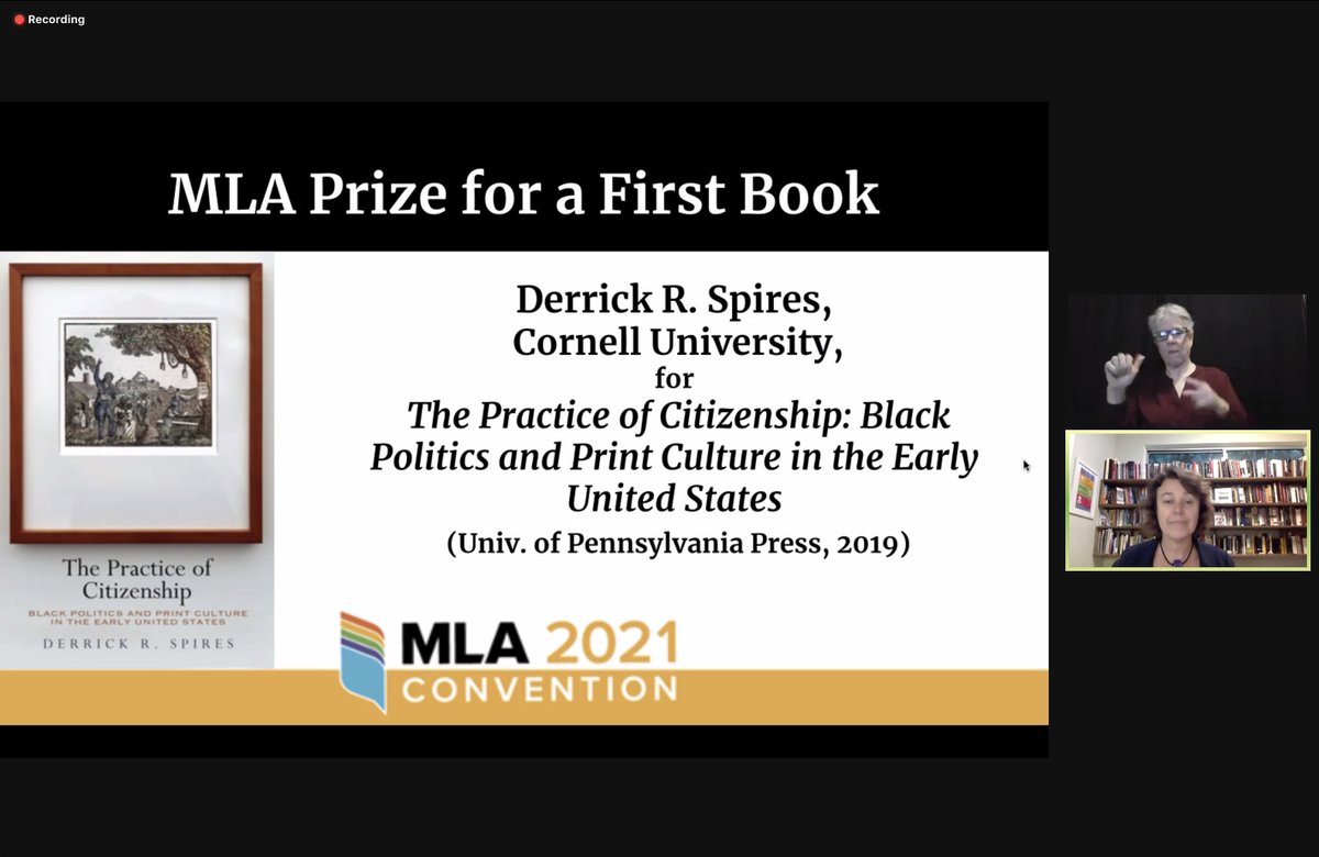 kinohin's tweet image. Congratulations, Derrick R. Spires @drkmttr82, for winning the First Book Prize from @MLAnews! THE PRACTICE OF CITIZENSHIP is essential reading for every member of the association. #mla21 #mla2021