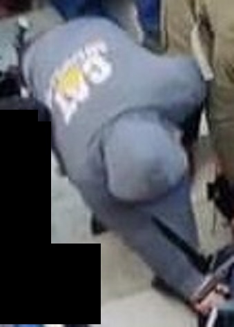 One at a time. Perp #1, let's call him CAT Sweat. Presumably a Caterpillar (Tractor) sweatshirt, grey hoodie. Yellow shape on back, maybe a "Don't Tread on Me" triangle. Looks like a club or knife on his hip, some other gear?