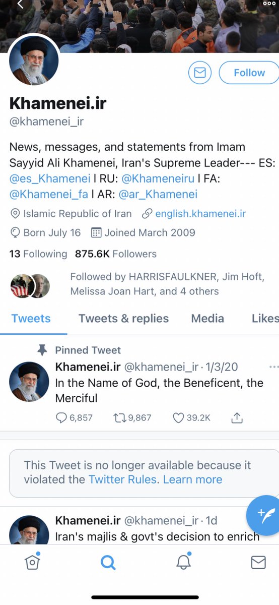 johnrich's tweet photo. Folks, you can’t follow the President anymore, but you can still follow the leader of Iran. The biggest supporter of international terrorism in the world. Let that sink in... https://t.co/4yyEMcYOue