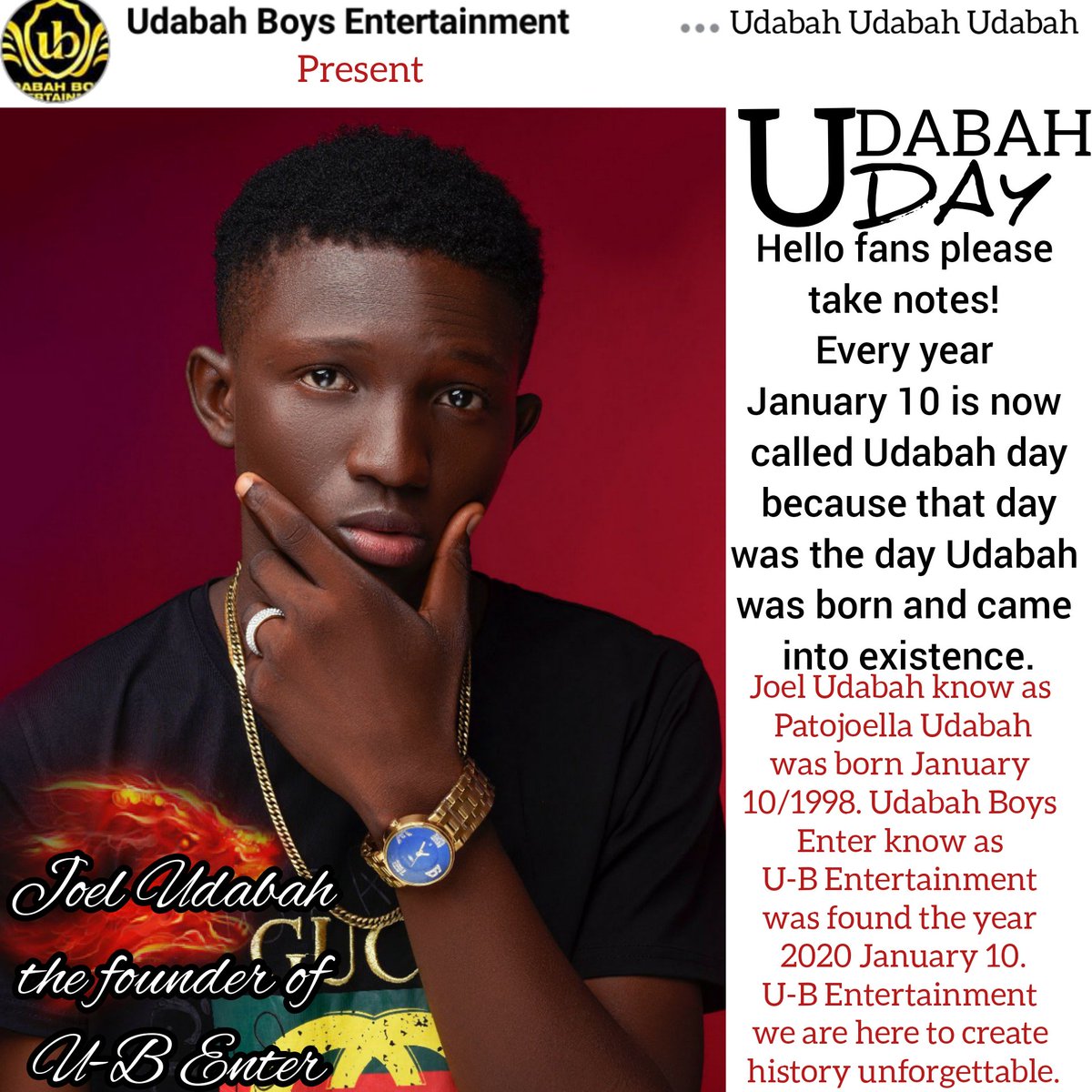 patojoella's tweet photo. Udabah Udabah Udabah
Hello fans Happy birthday to me and happy Udabah Day to you all,
Every year January 10 we celebrate Udabah Day. https://t.co/hOuFHSuVXs