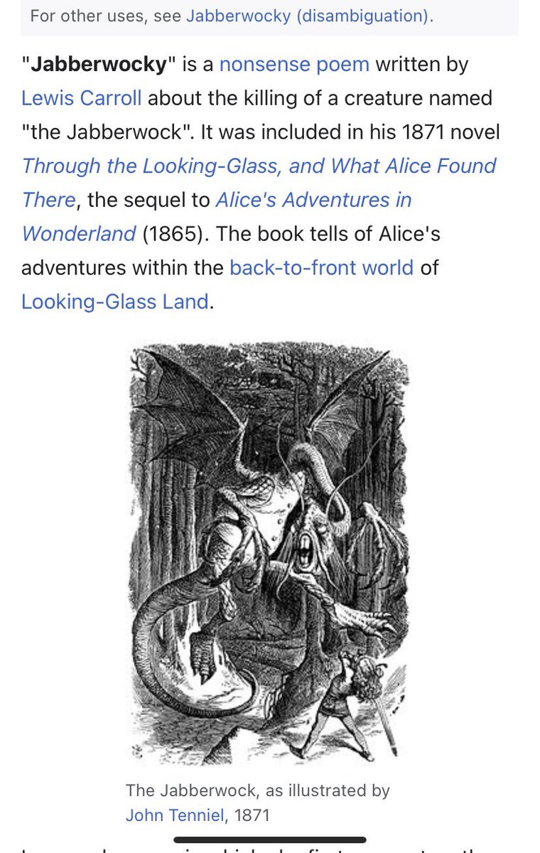 brendafineman's tweet photo. @kbanas @bfineman True, but the poem is titled “Jabberwocky”. So there’s that. Also afterward, the kids went jabberwock hunting in our basement and I may have shown them this picture https://t.co/boE40sD29R