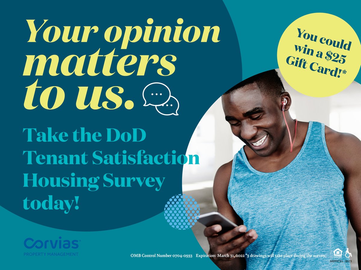 USArmyFortSill's tweet photo. The DoD Tenant Satisfaction Housing Survey is still accessible. Please take the survey by Jan 15 and let your voice be heard. #FiresStrong #Corvias

#Values #Resiliency #ExcellenceintheFundamentals
@TRADOC @USArmy @usacac https://t.co/eIWhfSteus