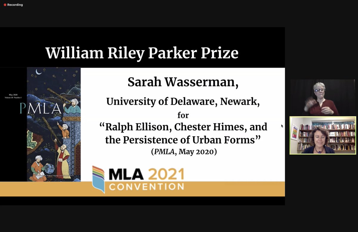 kinohin's tweet image. Celebrating @SarahLWasserman being awarded the William Riley Parker Prize from @MLAnews, the highest honor in peer-reviewed journal articles for literary scholarship. Take a bow, Sarah! #mla21 #mla2021