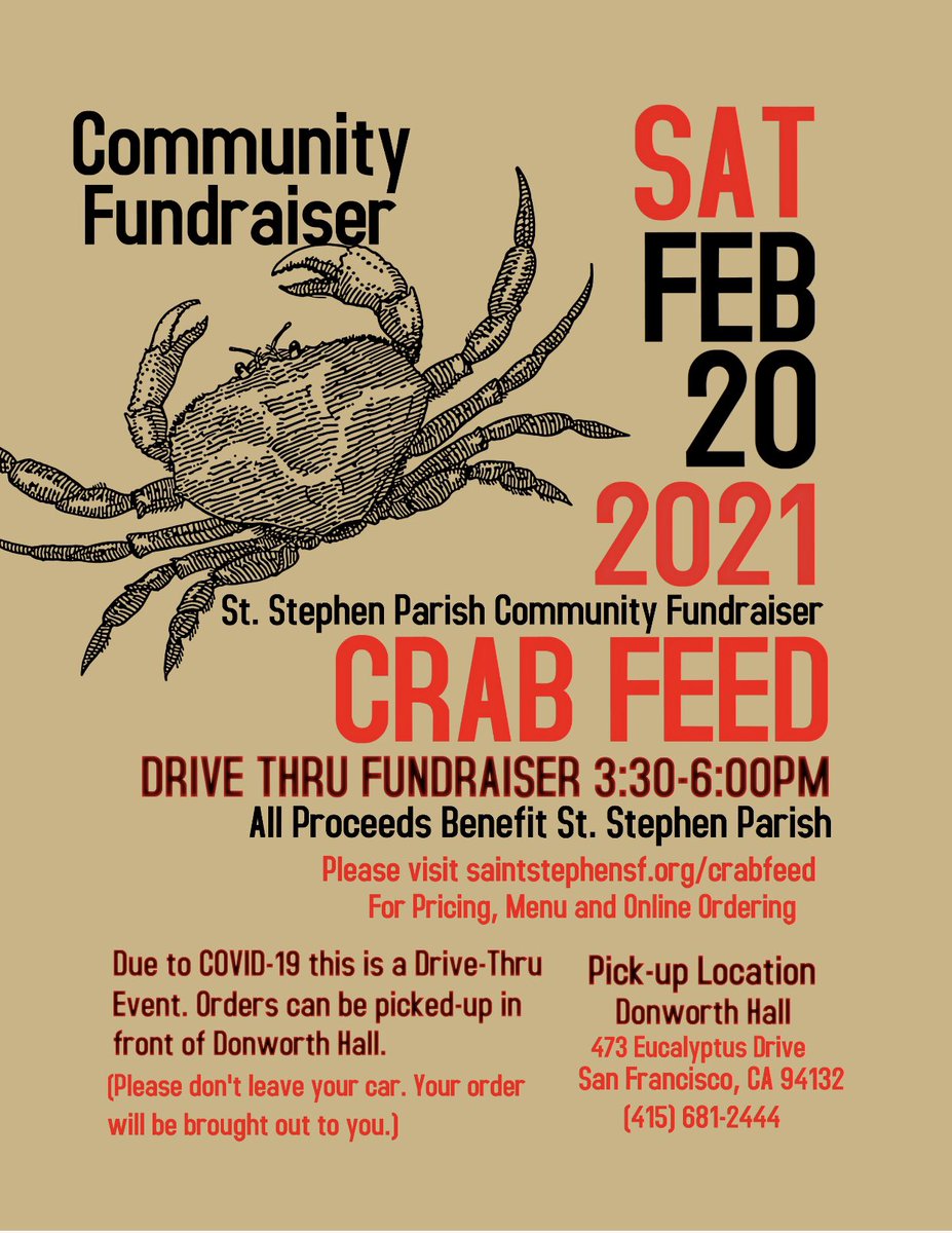 sscevents's tweet photo. Crab Season is open! Stop by Donworth Hall for a St. Stephen Parish Crab-Feed Drive-Thru! 

#crab #fundraiser #crabfeed #sanfrancisco #ststephenparish #drivethru https://t.co/PsjlvHzGZf