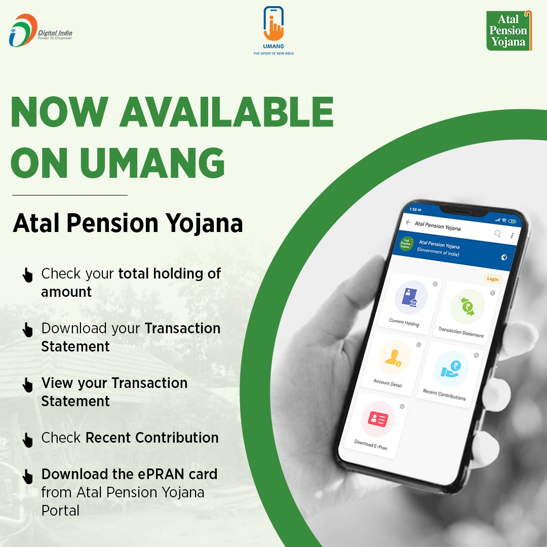 CSCegov_'s tweet photo. Umang Services through CSC...

Access Atal Pension Yojana on #Umang to check your total Holding Amount.

#CSC #DigitalIndia #TransformingIndia #sundayvibes #SundayMotivation https://t.co/rXtTNm2GFj