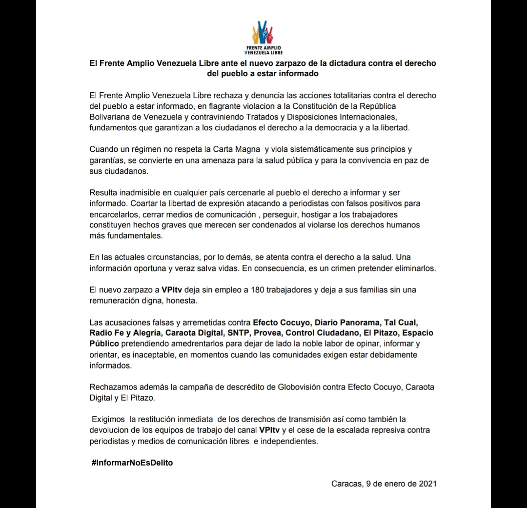 JuanPGuanipa's tweet photo. Comunicado del @FrentAmplioVzla ante el nuevo zarpazo de la dictadura contra el derecho del pueblo a estar informado. https://t.co/g4fW5f3c7w