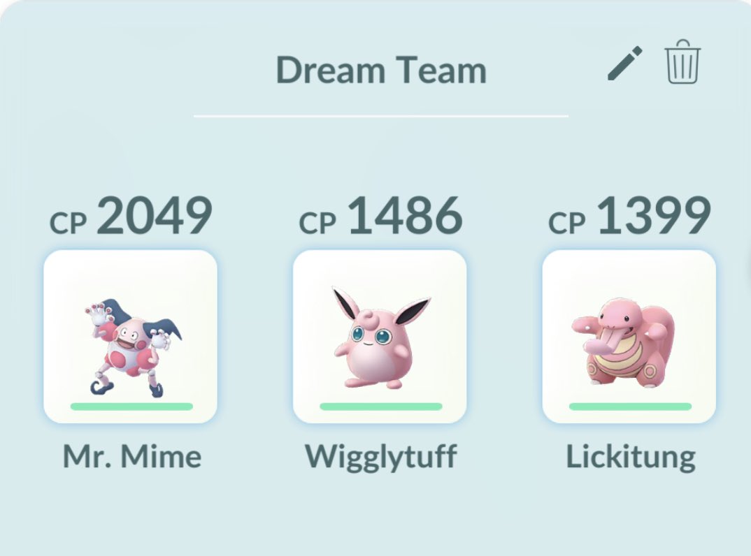 Theme: “On Wednesdays we wear pink”
My team:
1. Mr. Mime  2. Lickitung 3. Wigglytuff #PokemonGOTourContest